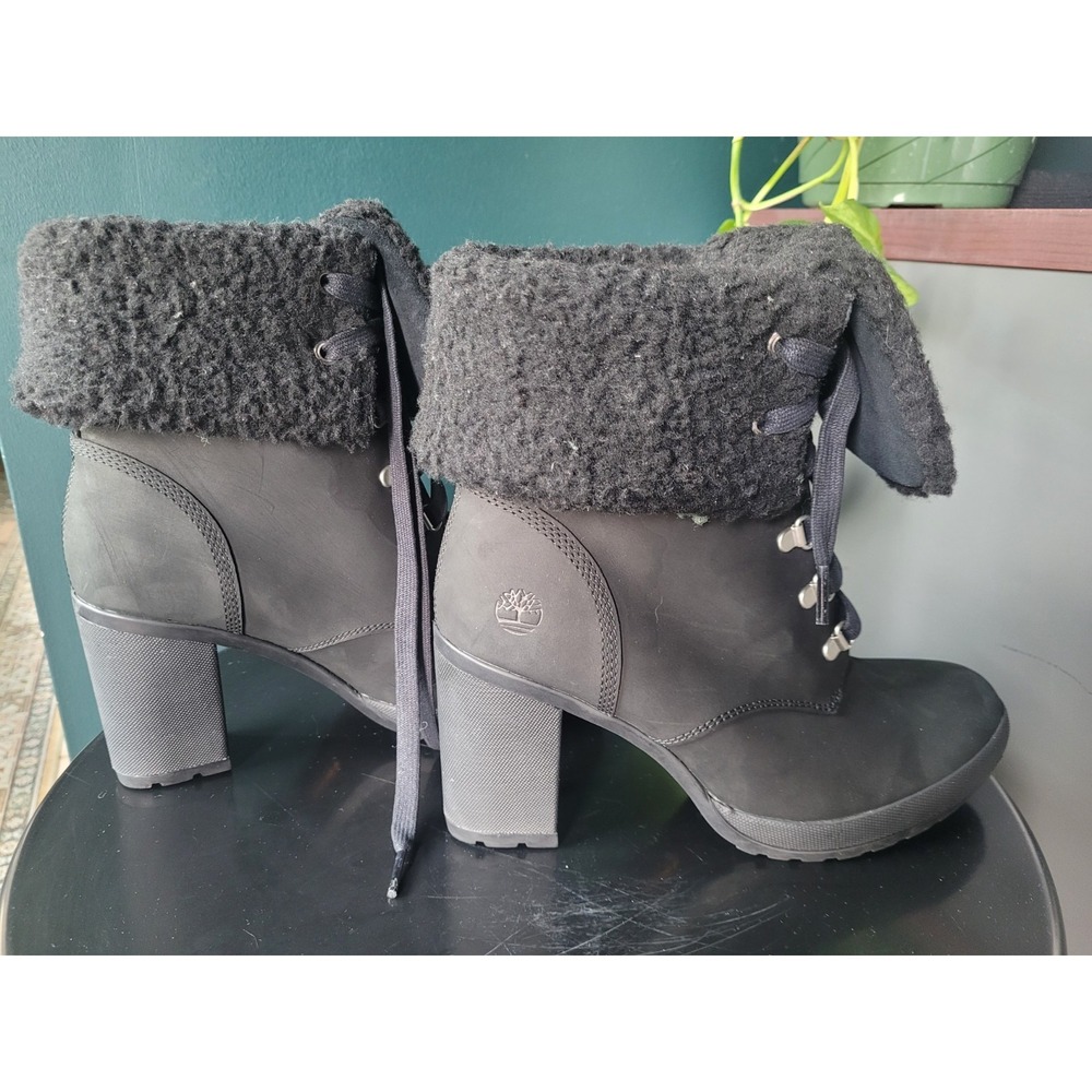 Timberland Fur‎ Trim Lace Up Block Heel Ortholite Boots Black Women's 8.5 39.5